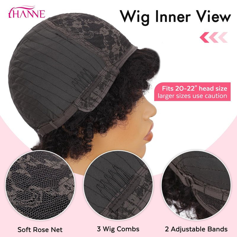 HANNE Short Afro Wig for Black Women 100% Human Hair Tight Curly Wig Short Curly Wig (Black)