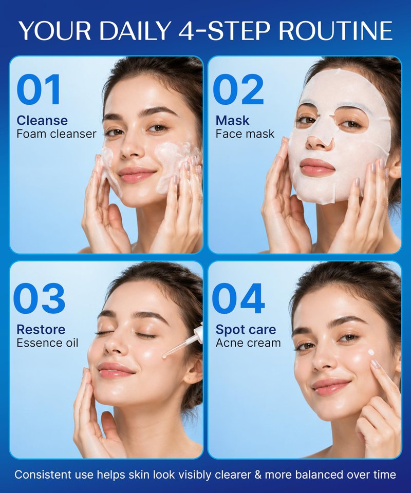 Bioaqua Skincare Kit - Facial Skin Care Sets & Kits with Face Cleanser, Sheet Masks, Essence Oil & Spot-Care Cream - Face Care Set for Women, 4-in-1