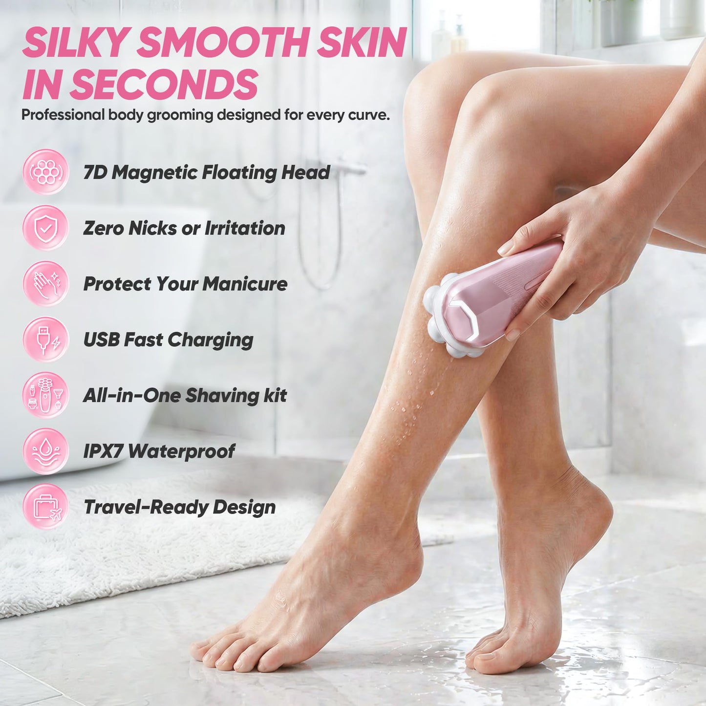 Electric Shaver for Women, Electric Razor with 7D Magnetic Shaver Heads, Wet Dry Waterproof Bald Head Trimmer Kit for Women & Men, Nose Ear Hair Trimmer, USB Rechargeable Clippers, Pink