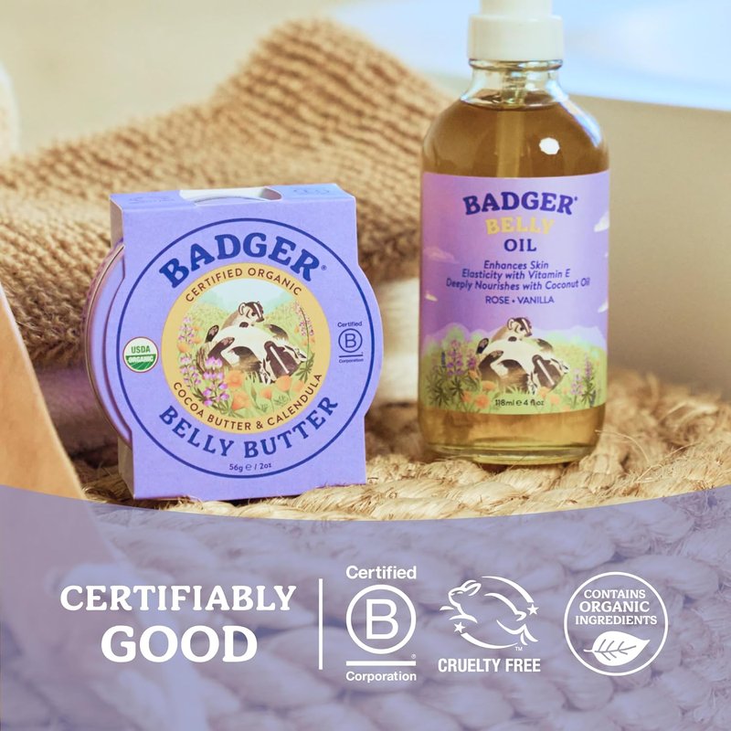 Organic Stretch Mark Cream - Badger Belly Butter with Cocoa & Coconut | Hypoallergenic Moisturizer, 2 oz Tin