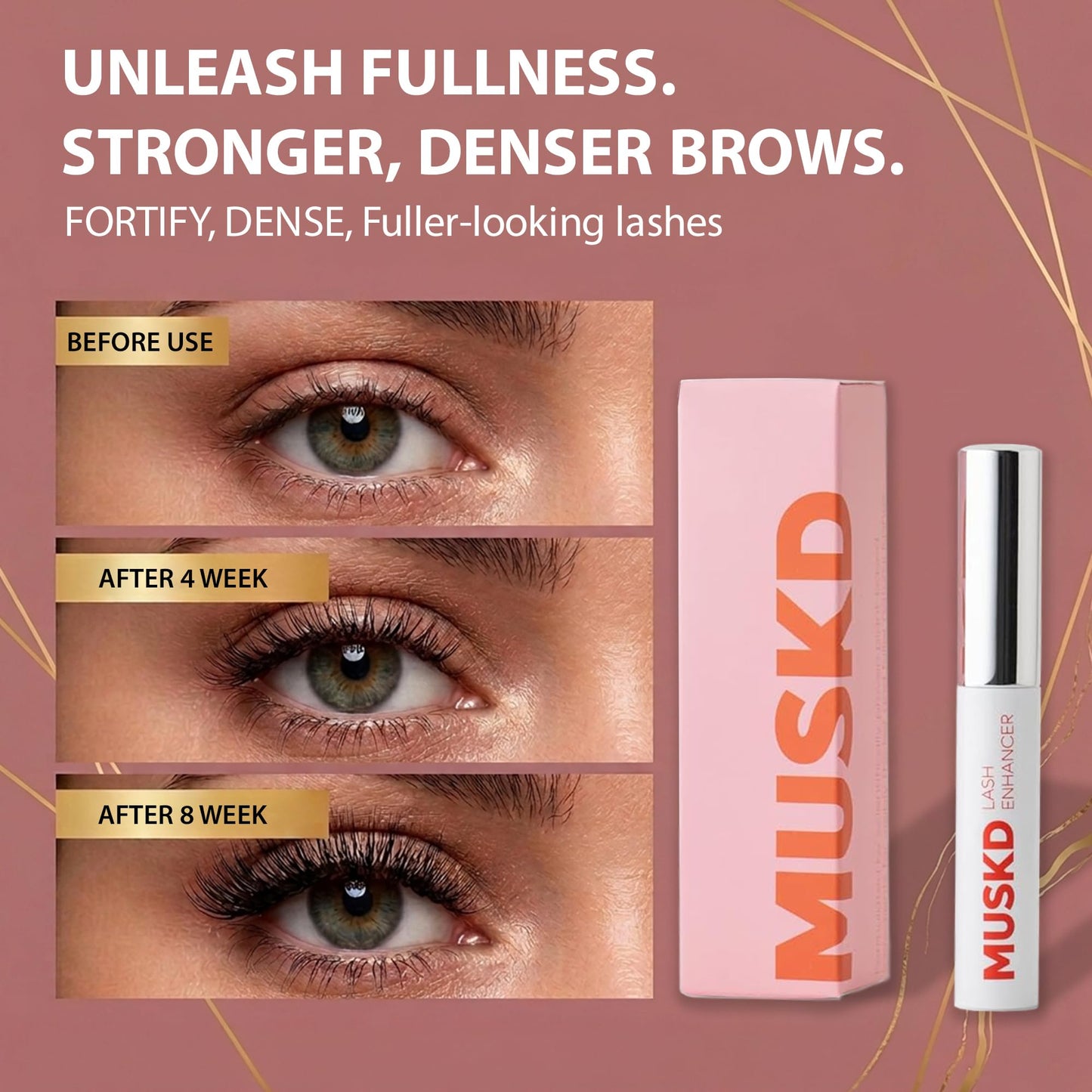 MUSKD Eyelash Growth Serum - Lash Enhancer for Longer, Thicker, Fuller Lashes & Brows - Natural, Vegan & Cruelty-Free Eyelash Serum for Lash & Brow Growth, Gentle Formula (3 ML)