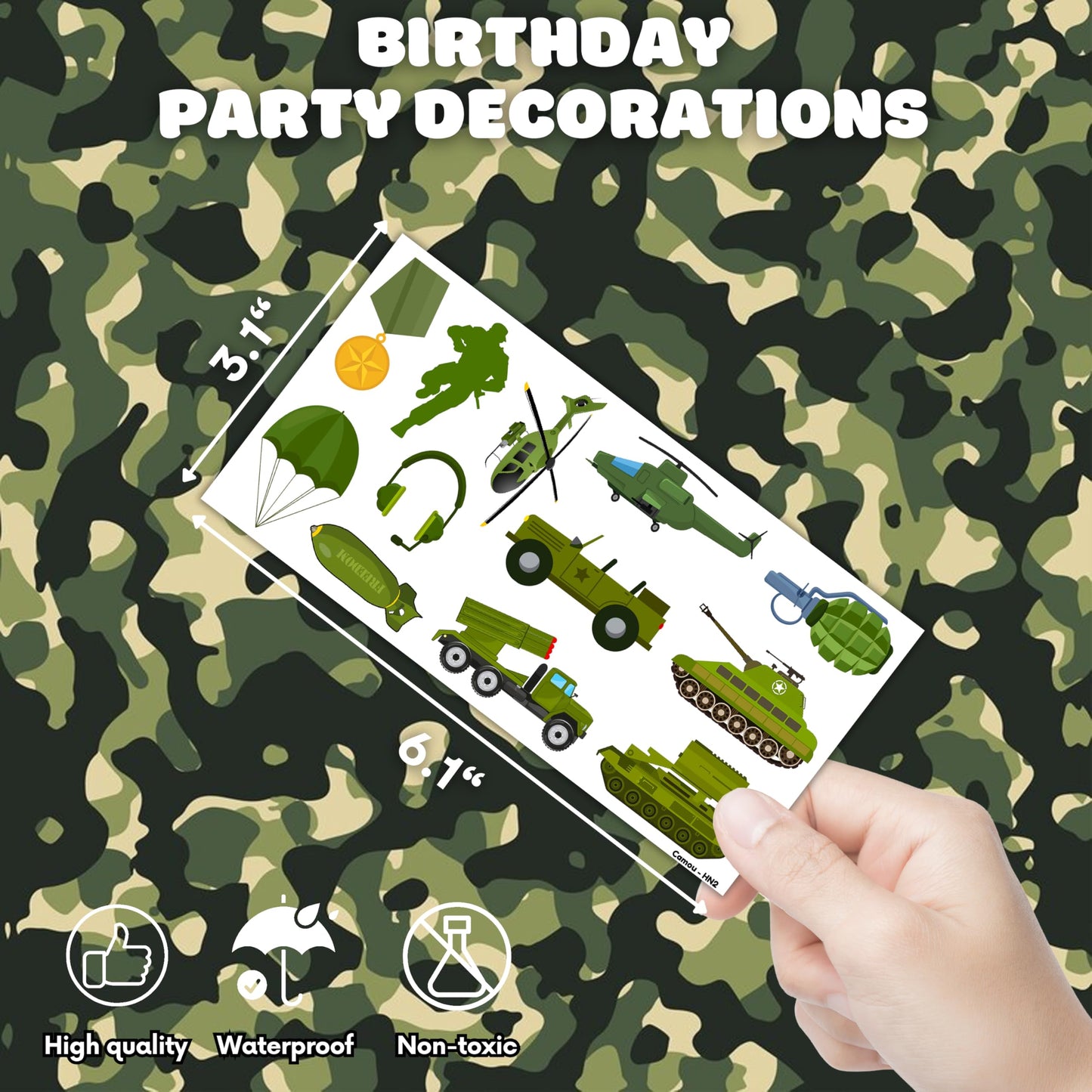 96 PCS Military Camouflage Temporary Tattoos Themed Army Birthday Party Decorations Supplies Favors Decor Camo Soldier Tank Helicopter Tattoo Stickers Gifts For Kids Adults Boys Girls Prizes Carnival