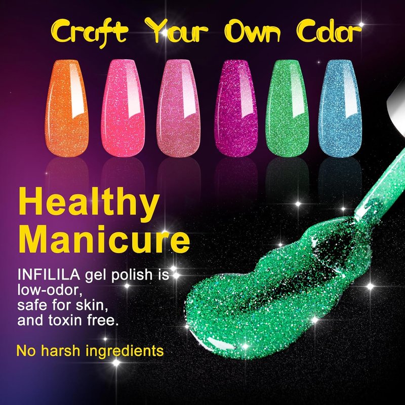 NXJ Halloween Gel Nail Polish Set - 6 Glitter Neon Colors | 10ml Summer Nail Art for DIY Salon & Parties