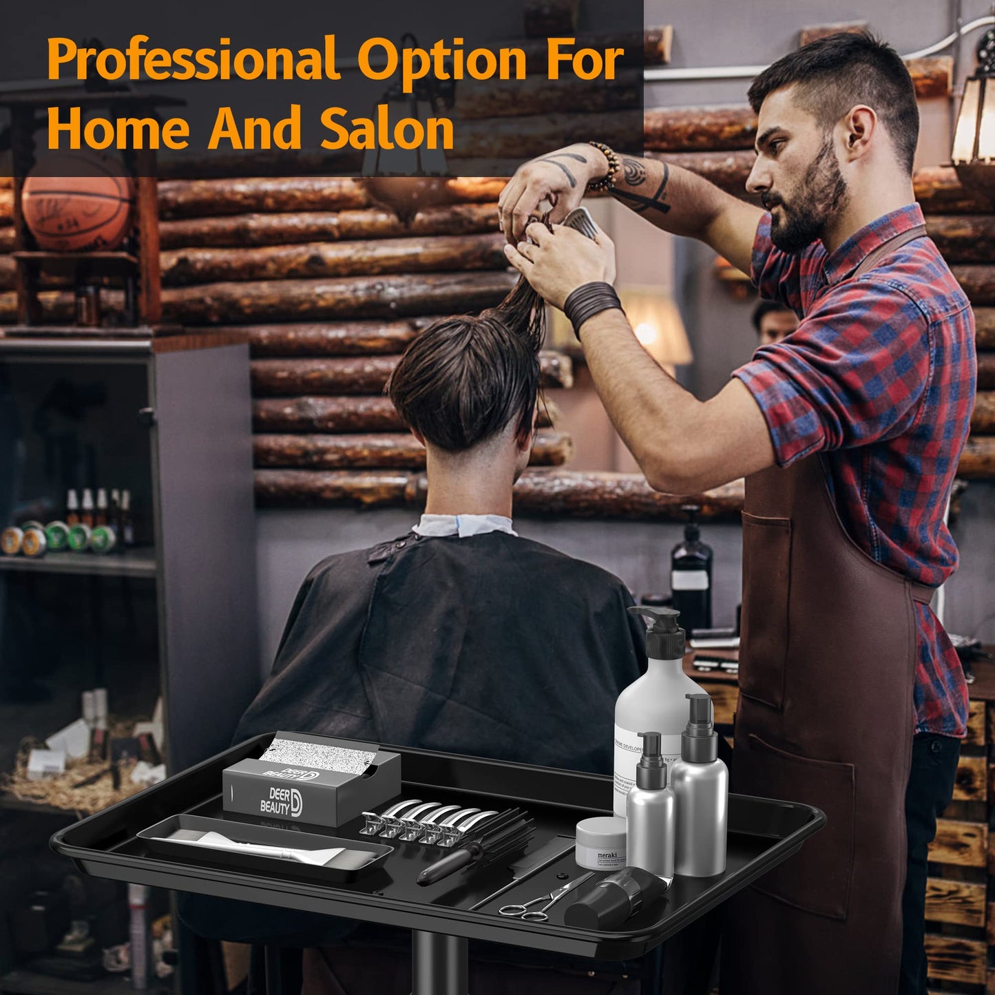 DEER BEAUTY Salon Tray on Wheels - Premium Aluminum Tattoo Tray Rolling Trolley - Adjustable Salon Service Rolling Tray Hairdresser Cart with Clinic Spa Rolling Tray Wheels (Black)