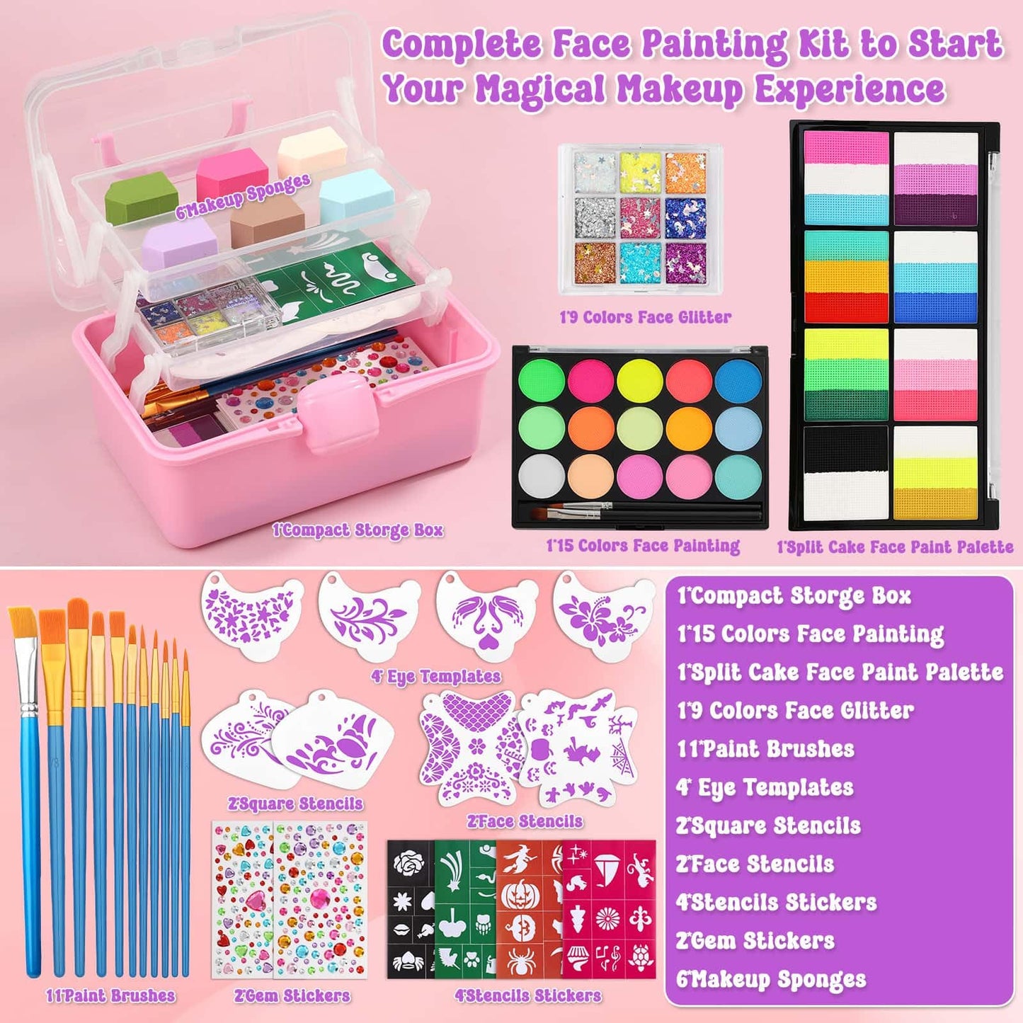 Face Painting Kit with Organizer Box - Rainbow Color Non Toxic & Washable Face Paint Set with Stencils, Brush & Gems Party Makeup for Halloween, Carnival & Costume