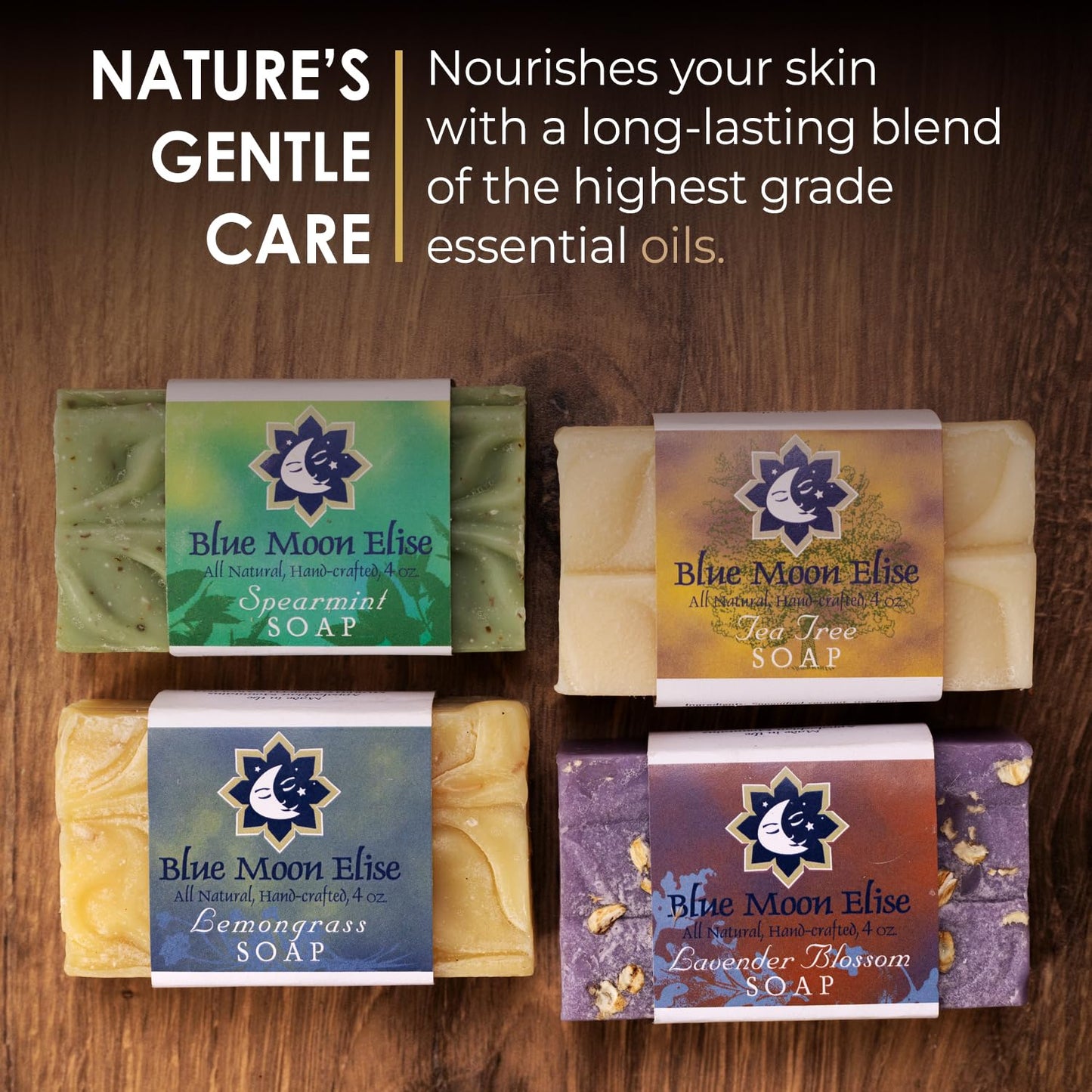 Blue Moon Elise All Natural Soap Bars Variety 4-Pack, Made with Organic Ingredients, Handmade in the USA, Moisturizing and Therapeutic for Face & Body, Sensitive Skin, Men & Women