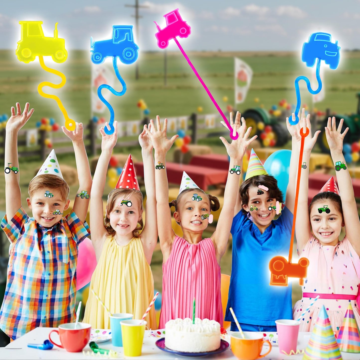 48PCS Tractor Party Favors - 24PCS Temporary Tattoos & 24PCS Stick Hands Party - Perfect Birthday Party Supplies, Goodie Bag Stuffers, Treasure Box Toys, Classroom Prizes, and Student Giftss