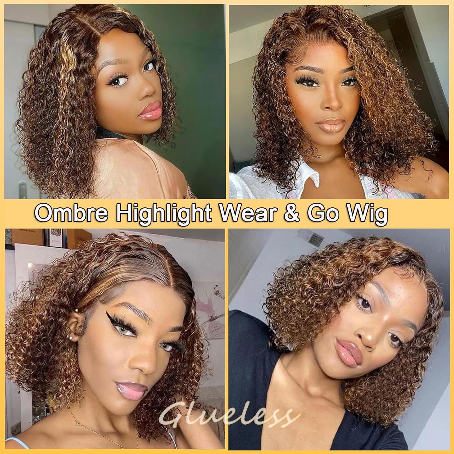 Maytune Wear and Go Glueless Wigs Human Hair Pre Plucked Pre Cut 4/27 Honey Blonde Glueless Bob Wig Human Hair Highlight Ombre Deep Wave 4x4 Closure Wigs for Women 8 Inch