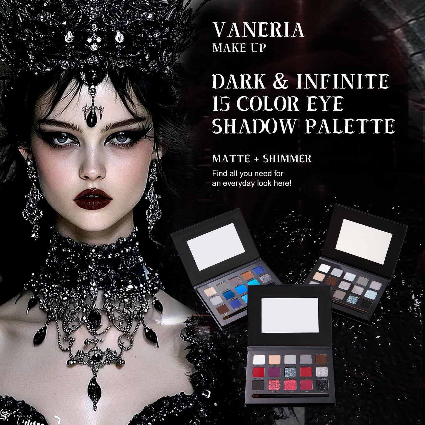 VANERIA Black Smokey Eye shadow Palette,15 Colors Matte Glitter Metalli Eyeshadow Palette,Long Lasting Waterproof Pallete