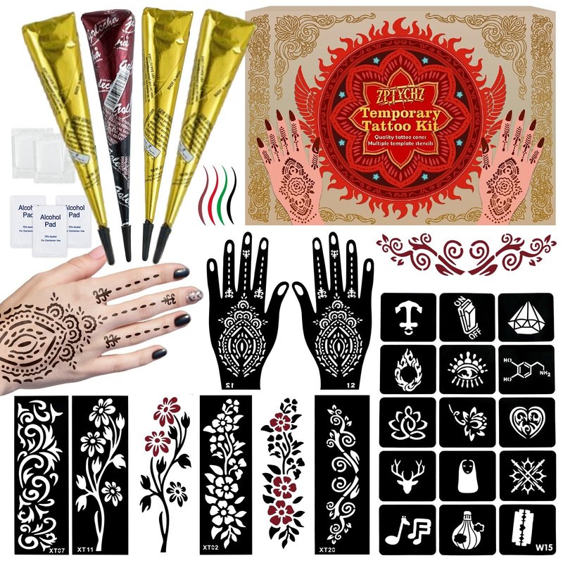 Temporary Tattoo Stencils Kit - 4 Pcs Tattoo Cones 3 Colors Ink (Brown,2* Black,Maroon) |Tattoo Stencils Kit Includes Reusable Stencils, & Gloves | DIY Body Art for Kids & Adults Party Gifts