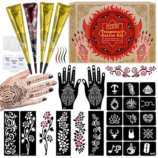 Temporary Tattoo Stencils Kit - 4 Pcs Tattoo Cones 3 Colors Ink (Brown,2* Black,Maroon) |Tattoo Stencils Kit Includes Reusable Stencils, & Gloves | DIY Body Art for Kids & Adults Party Gifts
