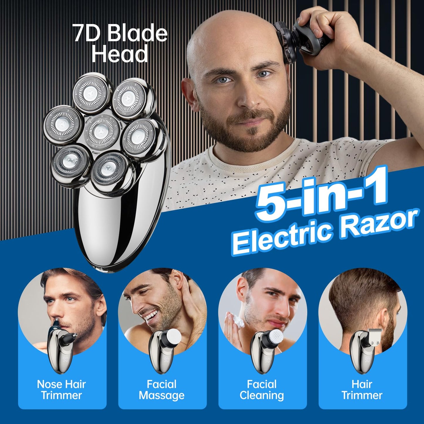 GOAKICHGO Head Shavers for Men, Electric Head Shaver Grooming for Men, 7D Floating Wet & Dry Electric Razor for Bald Heads, Shaving Grooming Set with LED Smart Display, Suitable for Hair/Face/Beard