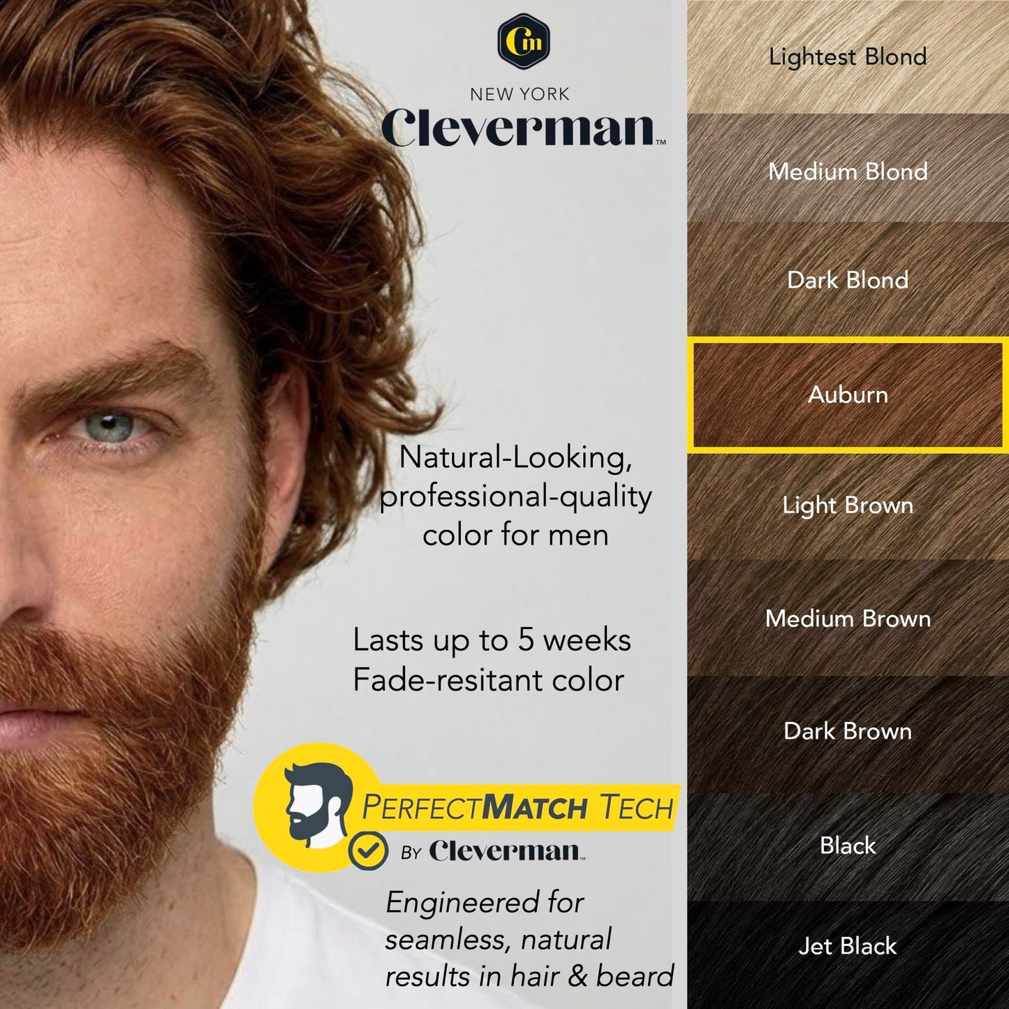 2X Reusable Hair & Beard Dye for Men – Auburn 7.04 | Up to 10 Uses, 7 Minutes | Natural Gray Coverage, No-Drip Cream with SkinArmour® – Cleverman