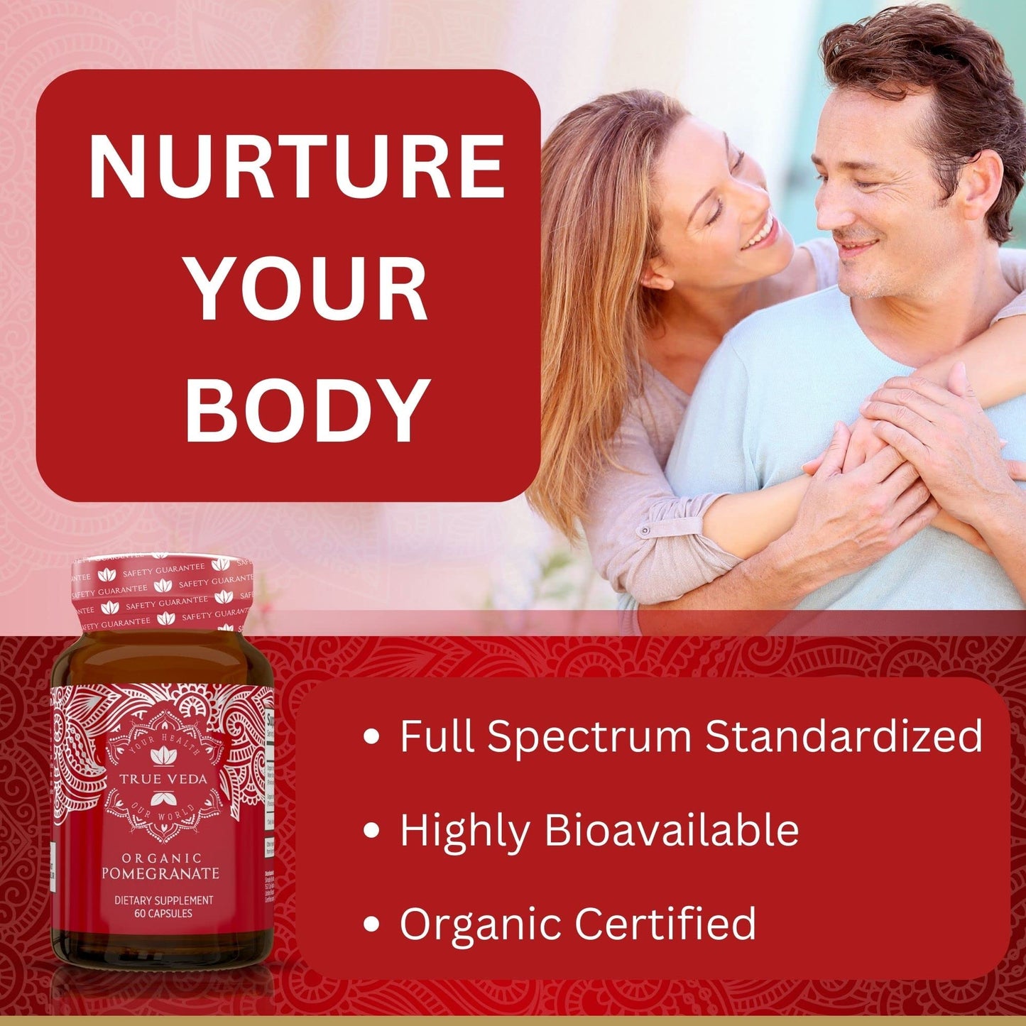 Pomegranate Extract Supplement - Ellagic Acid, High Punicalagins | USDA Certified Organic Pomegranate Supplement | Blend of Pomegranate Fruit, Seeds and Peel Extract | 60 Vegan Pomegranate Capsules