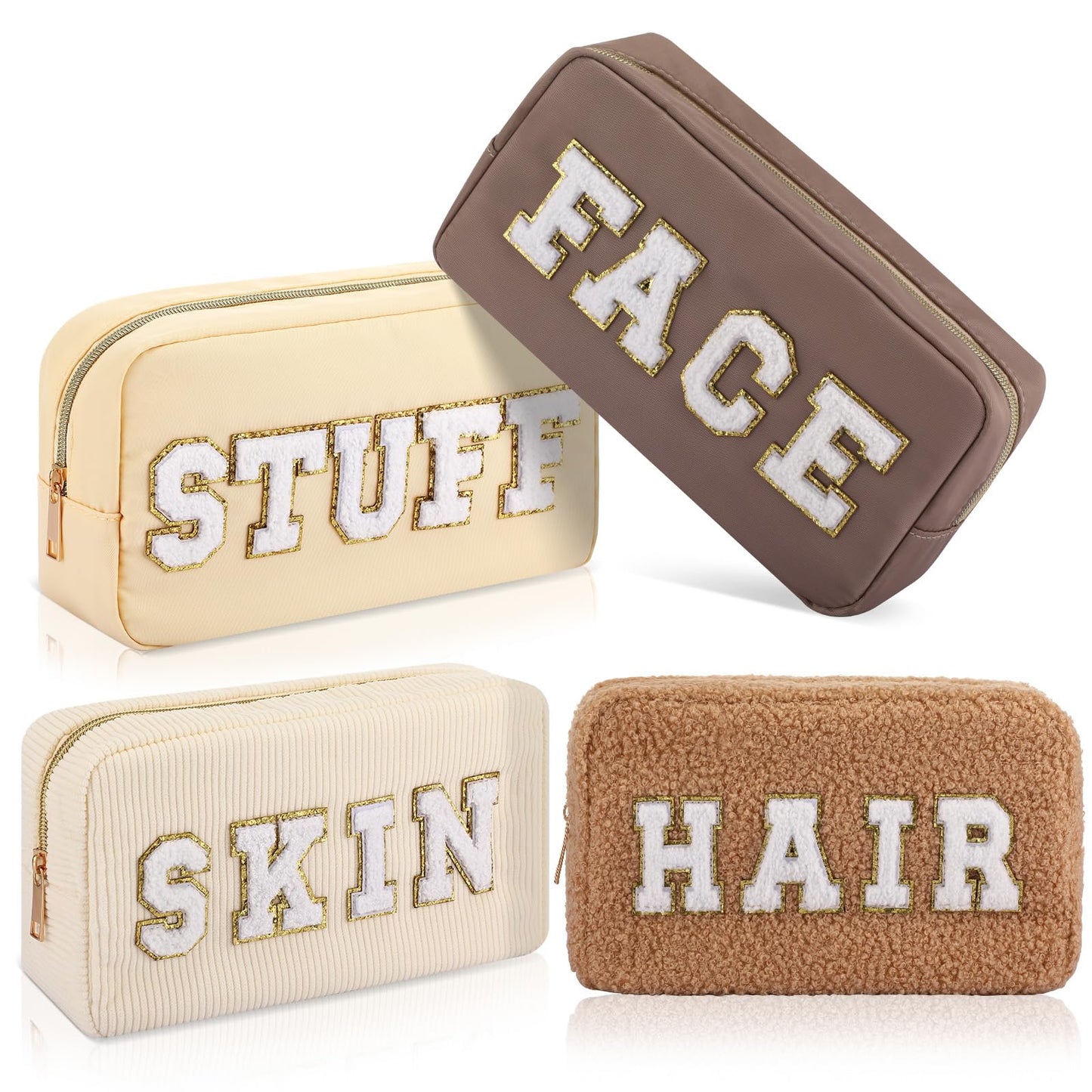 Kajaia 4 Pcs Preppy Makeup Bags Chenille Letter Bag Hair Face Skin Stuff Cosmetic Pouch Cases for Women Travel Toiletry Spend The Night(Beige, Brown, Milk White, Coffee,Fresh)