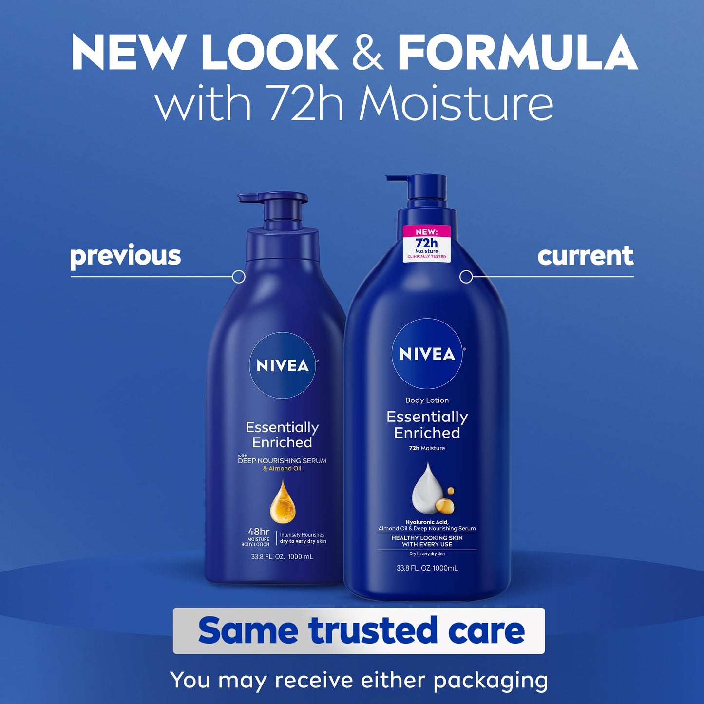 NIVEA Essentially Enriched Body Lotion for Very Dry Skin with Hyaluronic Acid, Almond Oil and Deep Nourishing Serum, 72-Hour Body Moisturizer, 33.8 Fl Oz Value Size Pump Bottle