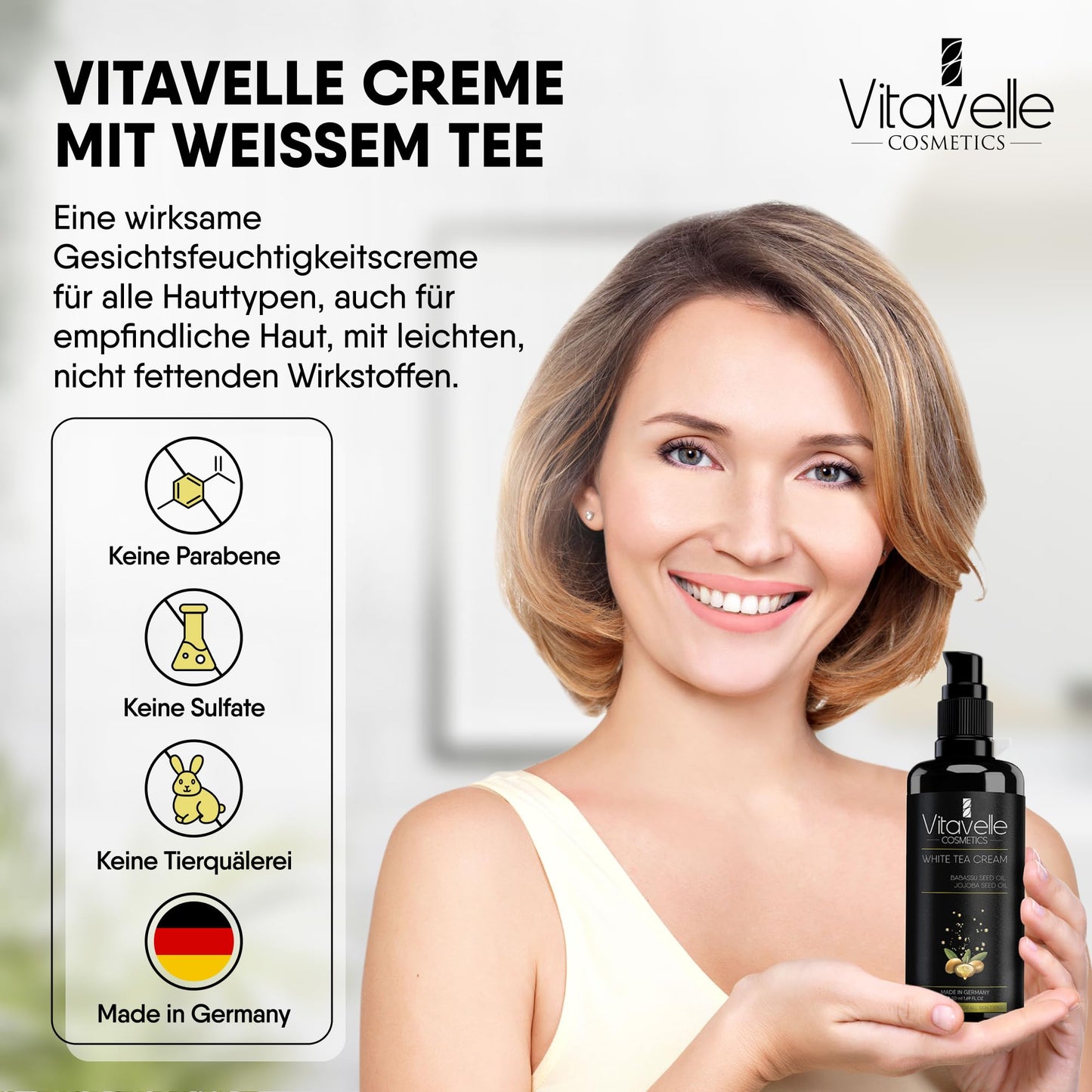 VITAVELLE White Tea Face Cream – Lightweight Antioxidant Moisturizer for Sensitive & Delicate Skin (1.69 Fl Oz)