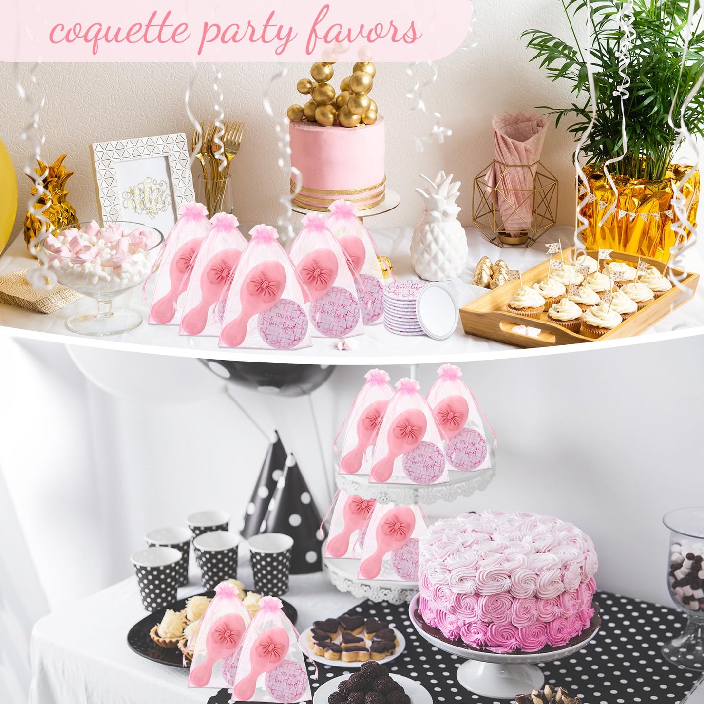 Wonderjune 12 Set Pink Bow Party Favors Women Coquette Compact Mirrors with Mini Hair Brush Organza Bag Inspirational Coquette Aesthetic Preppy Gifts for Sleepover Birthday Bow Themed Party Favors