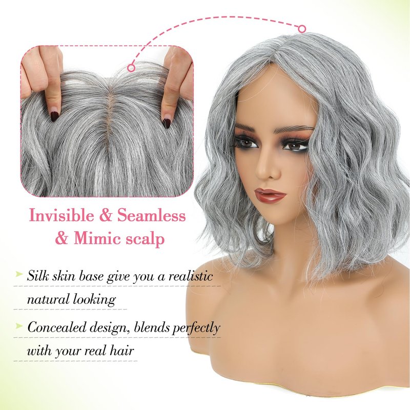 Ms Taj 11 Inch Short Wavy Salt and Pepper Hair Topper for Women with Thinning Hair, Natural Synthetic Lightweight Hairpiece for Women with 6.5"x6.5" Base, Instantly Adds Volume（Silver Grey）