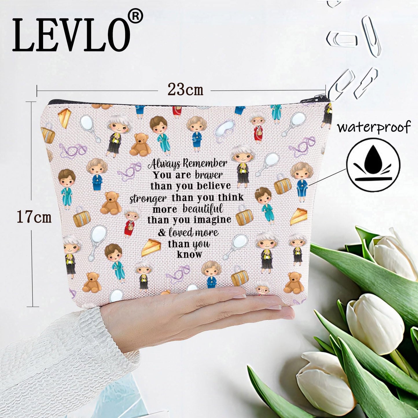 LEVLO Golden Inspired Cosmetic Make Up Bag Golden TV Show Fans Gift You Are Braver Stronger Smarter Than You Think Makeup Zipper Pouch Bag For Women Girls (Golden LT)