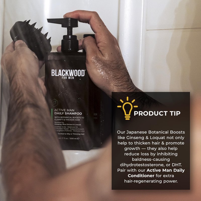 BLACKWOOD FOR MEN Active Man Daily Shampoo - Thickening & Clarifying Shampoo for Normal to Oily Hair or Scalp - Fights Hair Loss - Natural Vegan Formula - Sulfate Free with Ginseng & Aloe Vera (7oz)
