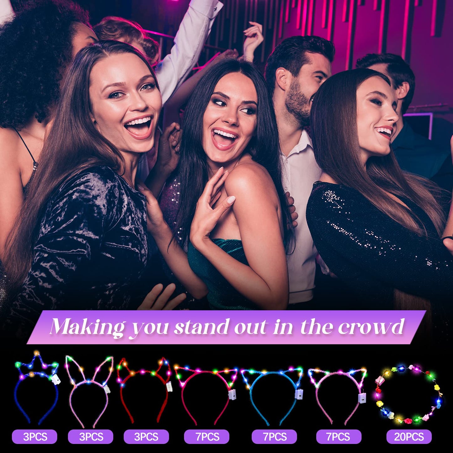Xinnun 50 Pcs LED Cat Ear Headbands Bulk Light Up Flower Glow Crown Rabbit Ear Neon Hair Accessories for Glow in the Dark Rave Party (Cat)