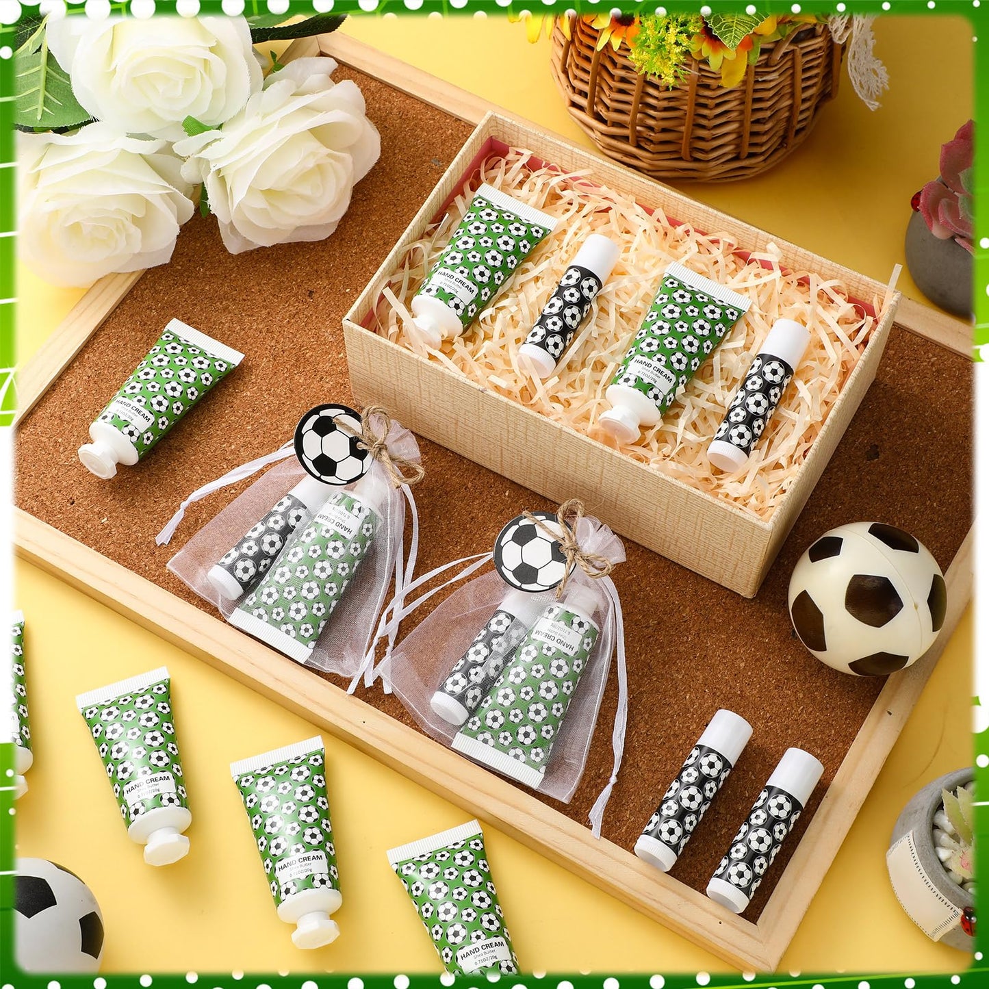 Heigble 144 Pcs Lip Balm Hand Cream Set Party Favors, Include 36 Lip Balm 36 Moisturizing Hand Cream 36 Bags 36 Cards and Ropes for Accessories Gifts(Black and Green,Soccer)