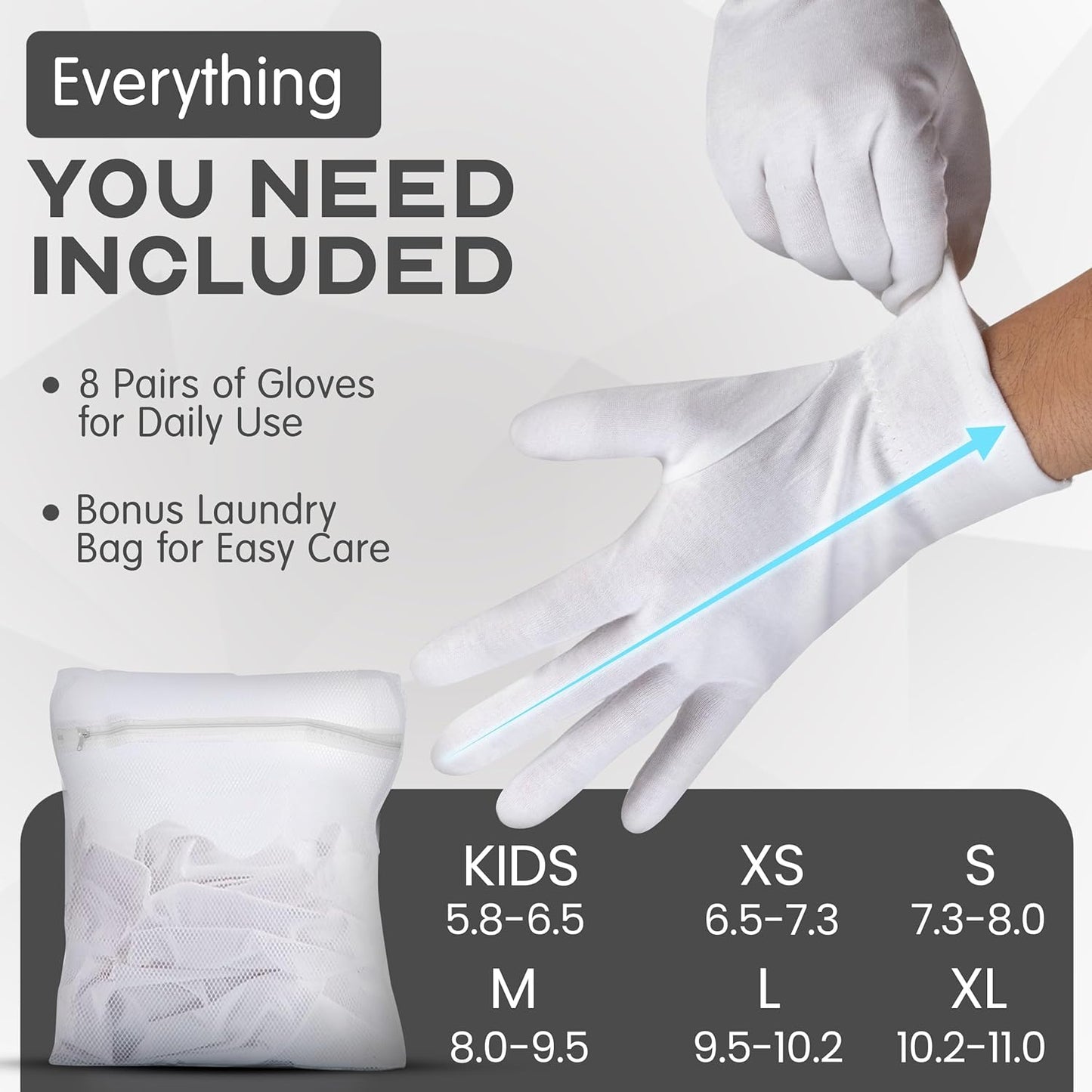 White Cotton Gloves for Dry Hands - 8 Pairs of Washable Overnight Moisturizing Gloves | Breathable for Men & Women