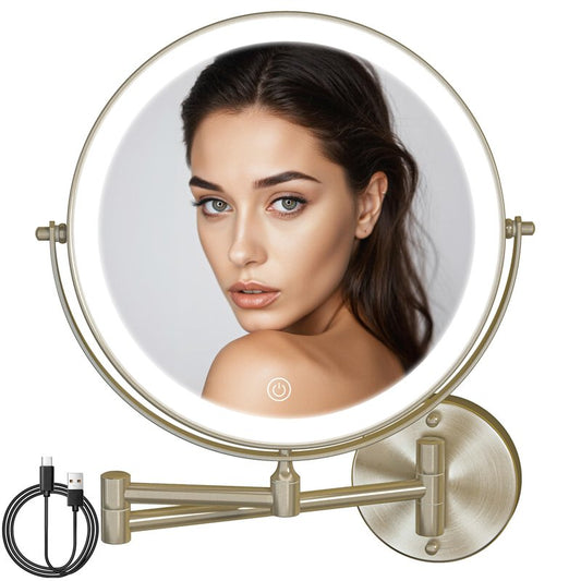 Batuso 8.5" Wall Mounted Makeup Mirror with Light, 2000mAh Rechargeable Double Sided 1X / 10X Magnifying Vanity Mirror, 3 Color Lights Touch Dimmable 360° Rotation Bathroom Mirror, Nickel
