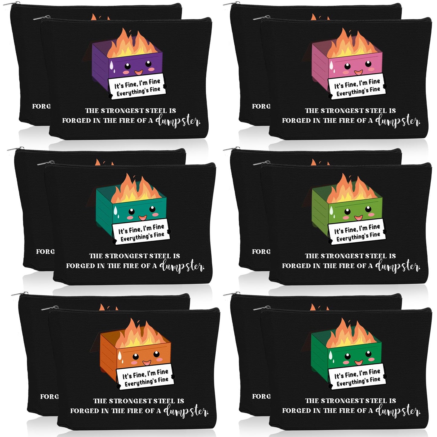 Reginary 12 Pcs Dumpster Fire Makeup Bags Bulk Funny Gifts Employee Inspirational Cosmetic Bag Gifts for Graduation Teacher Coworker Staff