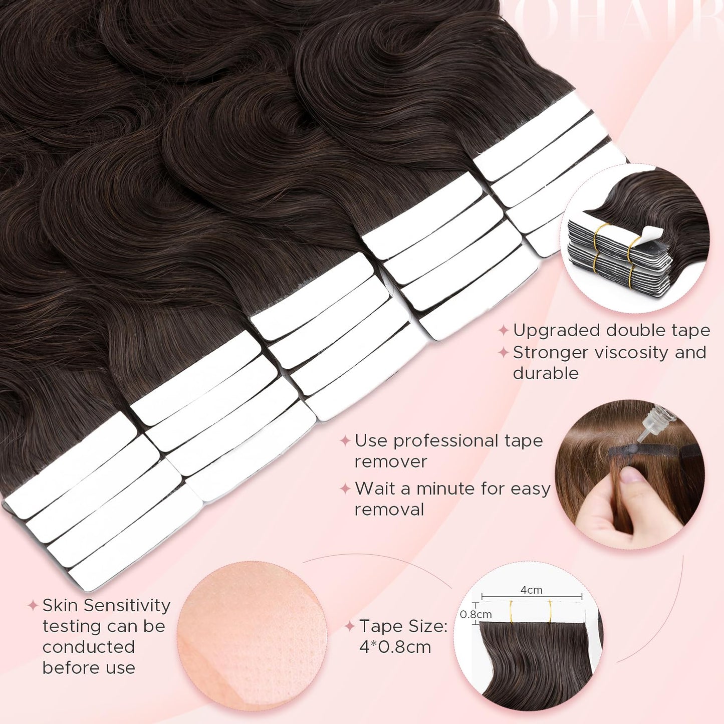 SEGOHAIR Wavy Tape In Hair Extensions Real Human Hair with Double-Sided Adhesive Professional Hair Extensions for Women 20pcs Body Wave 14 Inches Dark Brown