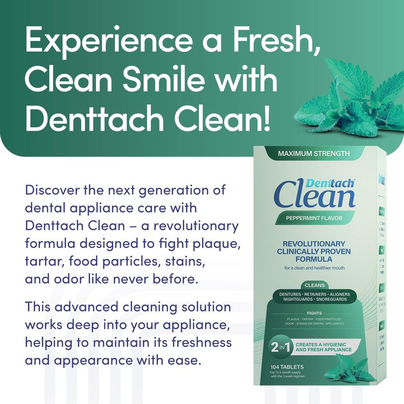Denttach Clean Retainer Cleaner Tablets, Denture Cleaning Tablets, Maximum Strength Denture Cleaner for Ultra Fresh Dentures, Night Guard Cleanser, Eliminates Stains, Peppermint 104 Count Pack of 2