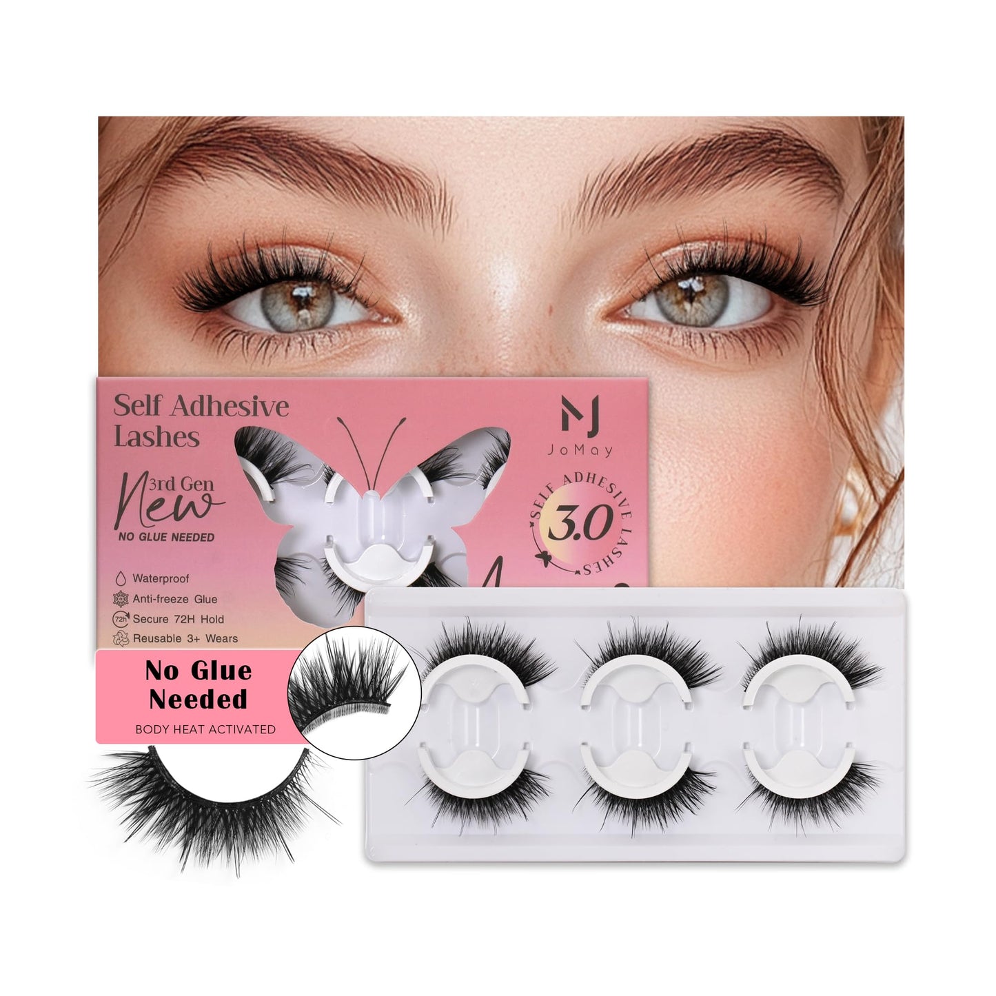 JOMAY Self Adhesive Eyelashes, Pre-Glued No Glue Needed Lashes, Reusable Up to 5x 3D Super Fluffy Wispy Cat Eye False Lashes, Easy Press-On Strip Lashes, 3 Pairs, Dream Girl
