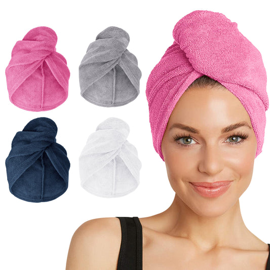Turbie Twist 4-Pack Microfiber Hair Towel for Beauty, Travel, Gifting - Hair Wrap Turban for Straight, Wavy & Curly Hair - Premium Personal Care - Pink, Blue, Grey & White