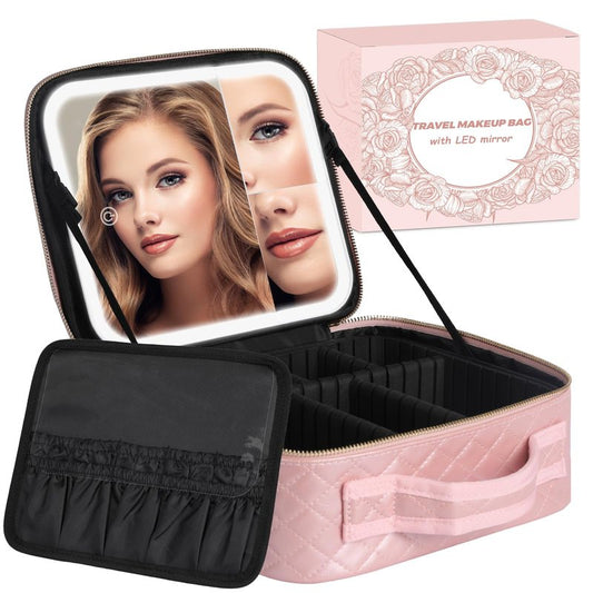 Makeup Bag with LED Lighted Mirror| Portable Makeup Organizer Train Case with 2X/3X Magnification & 3 Color Lights for Precision, Adjustable Brightness| Elegant Gift Packaging, Gift for Women, Black