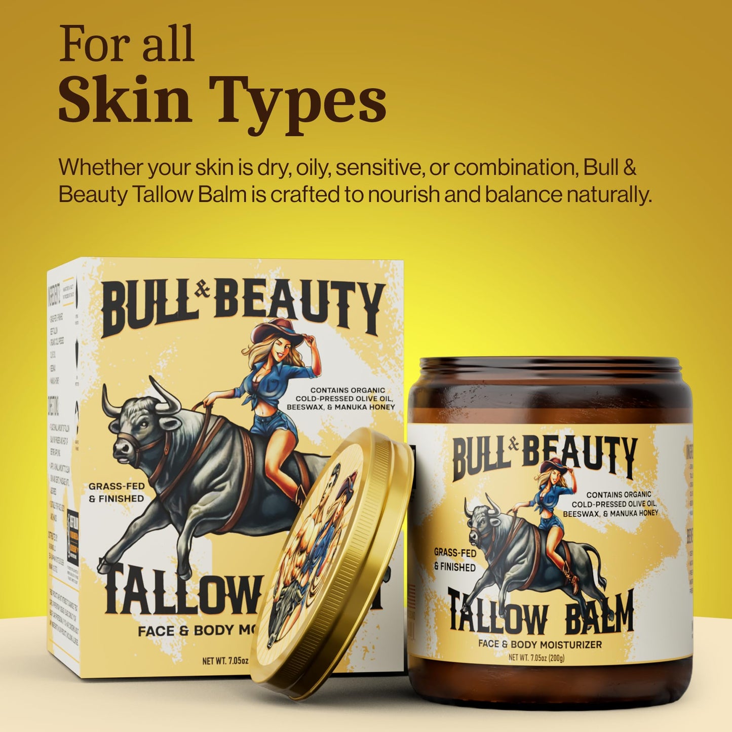 Bull & Beauty Organic Beef Tallow and Honey Balm 7.05oz Organic Beef Tallow for Skin - 100% Grass-Fed Unscented Beef Tallow Moisturizer for Skin & Face with Manuka Honey, Olive Oil & Beeswax