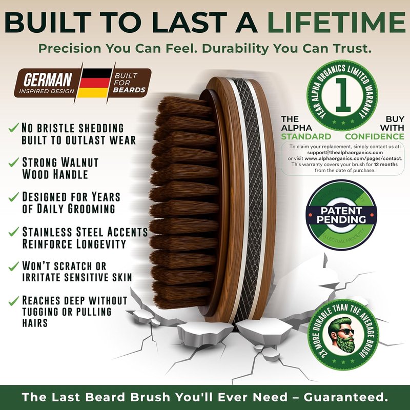 Premium Handmade Boar Bristle Beard Brush for Men - Natural Walnut Wood & Non-Slip Grip | Ideal for All Beard Lengths