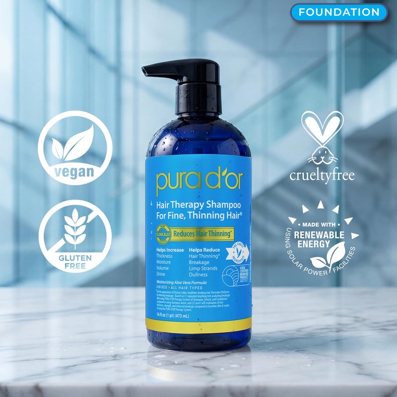 PURA D'OR Hair Thinning Therapy Biotin Shampoo and Conditioner Set, CLINICALLY TESTED Effective Results, Hair Thickening Products For Women & Men, Herbal Scent, Color Safe, 16oz x2