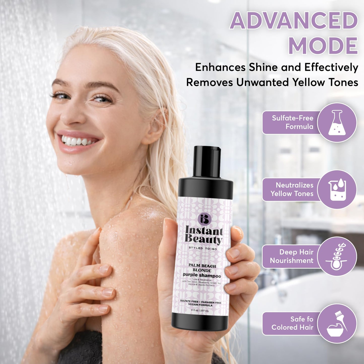 Instant Beauty, Palm Bleach Blonde Purple Shampoo, Sulfate-Free, Color Depositing for Blonde and Gray Hair