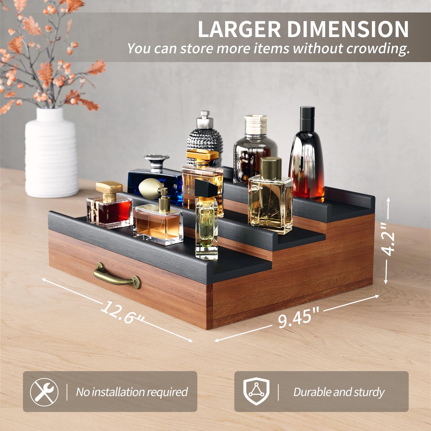 YIKIBOX Cologne Organizer for Men,Wooden Perfume Organizer with Hidden Compartment and Drawer,Cologne Stand and Storage Display Risers for Dresser,Great Gift for Men/Friend（Brown）
