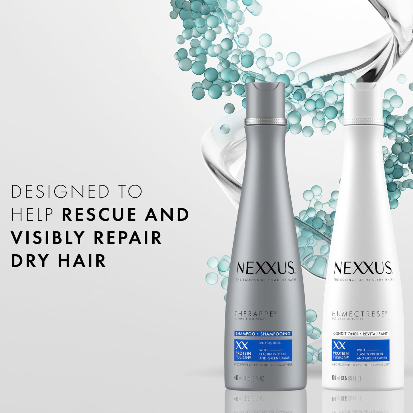 Nexxus Shampoo and Conditioner Therappe Humectress 2 Count for Dry Hair Silicone-Free, Moisturizing Caviar Complex and Elastin Protein 33.8 oz