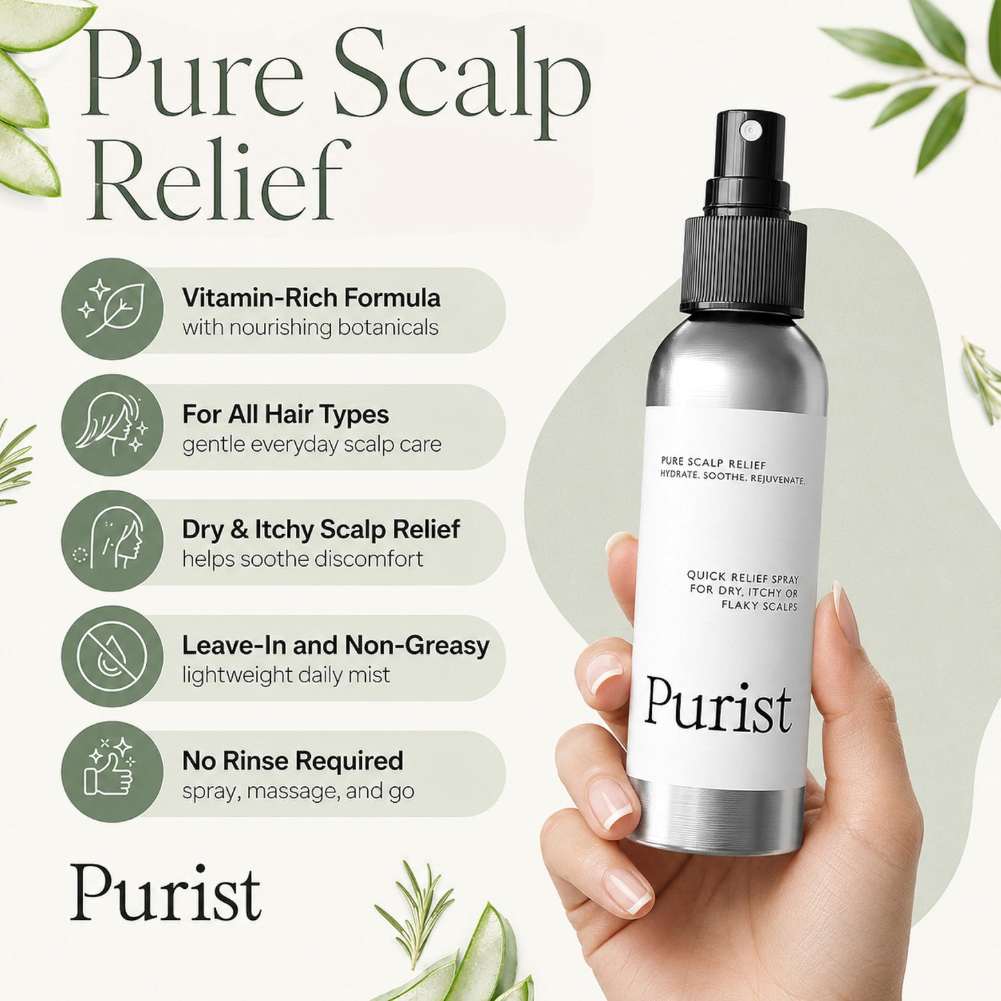 Purist Dandruff Spray – Leave-In Itchy, Dry Scalp Treatment – Hydrating, Lightweight, Soothing Scalp Moisturizer – Scalp Care Spray for Dryness, Dandruff, Flaky Scalp – Non-Greasy and Quick Relief