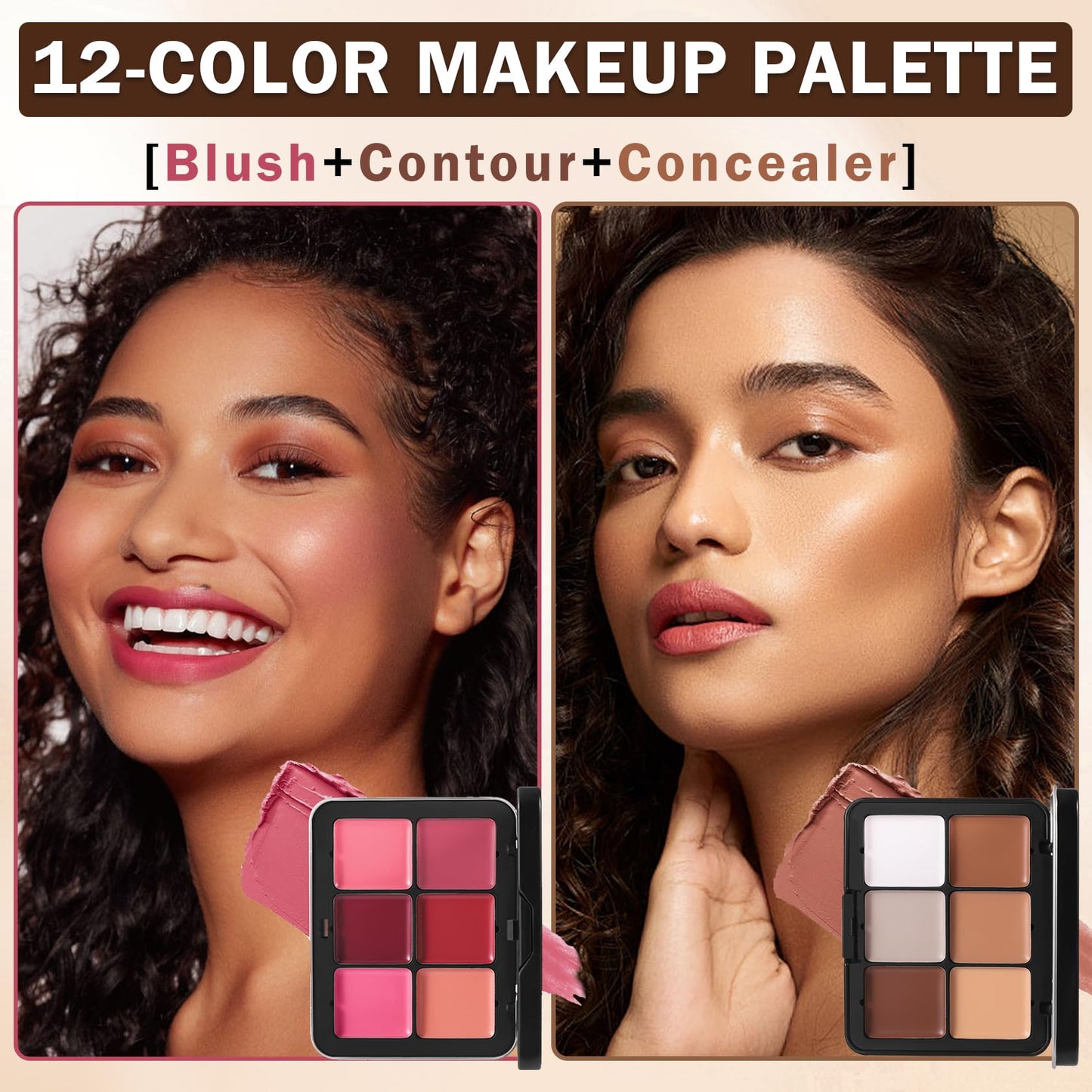 AOAZXBB 12 Colors Cream Blush Palette Cream Concealer Foundation Palette,Natural Matte Face Makeup Palette with Brush