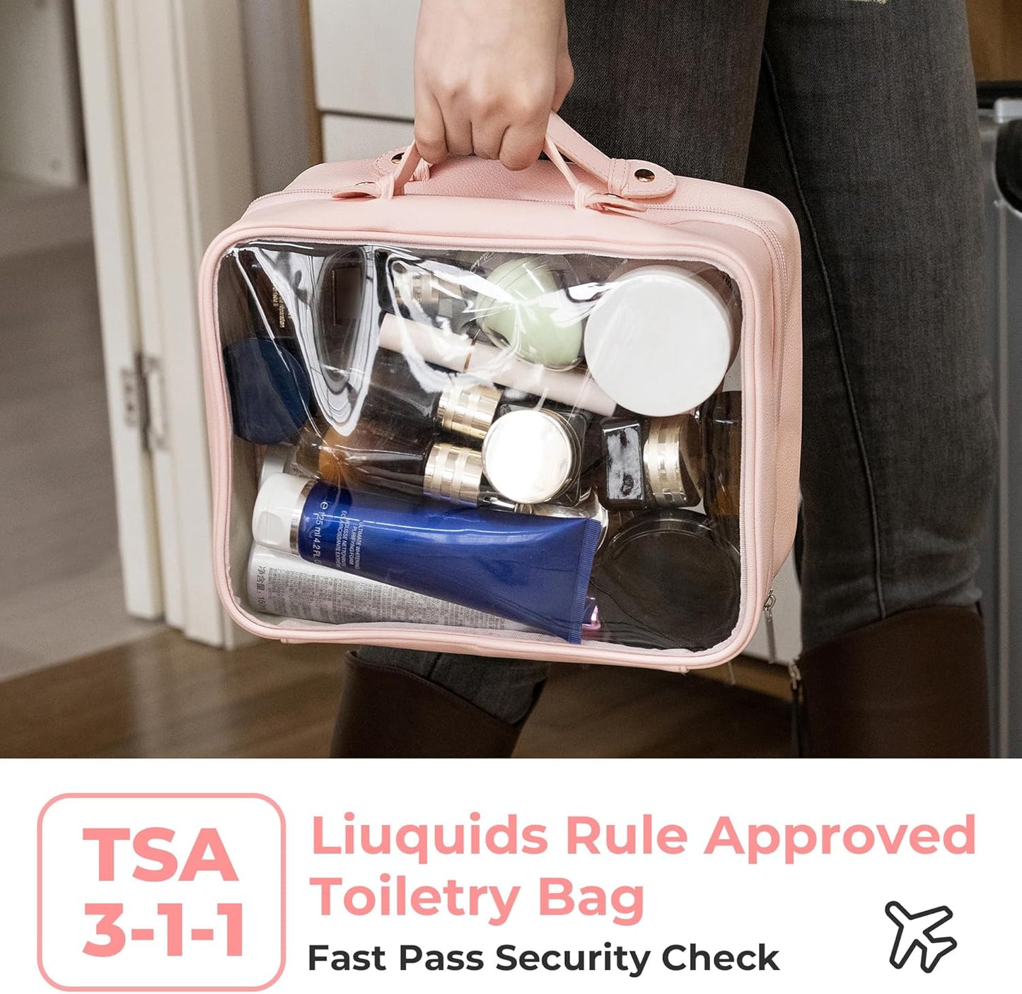 TSA Approved Clear Toiletry Bag - Waterproof Travel Makeup Organizer for Women | Large Pink Cosmetic Bag