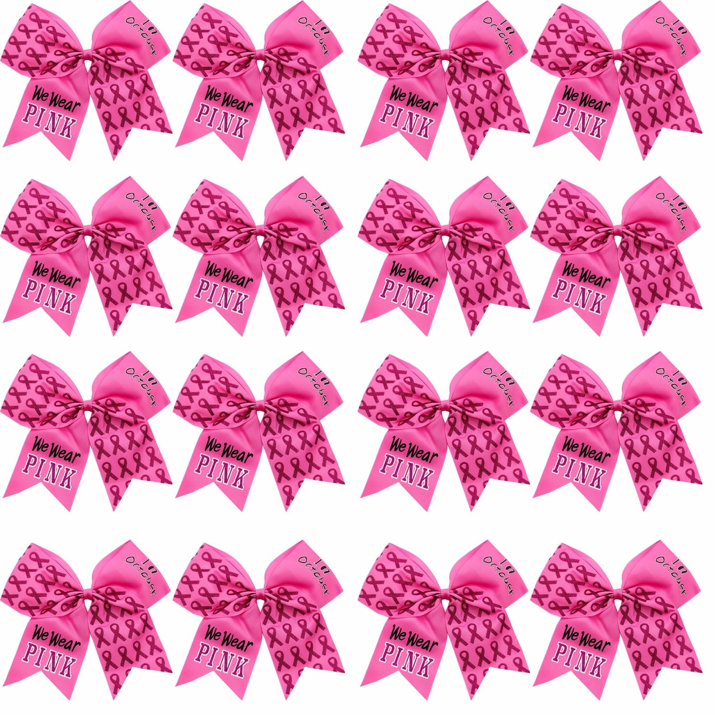 16 Pieces 7 Inch Breast Cancer Awareness Cheer Hair Bows Ponytail Holder Large Glitter Pink Ribbon Hair Bows Accessories Elastic Band Handmade for Teens Women