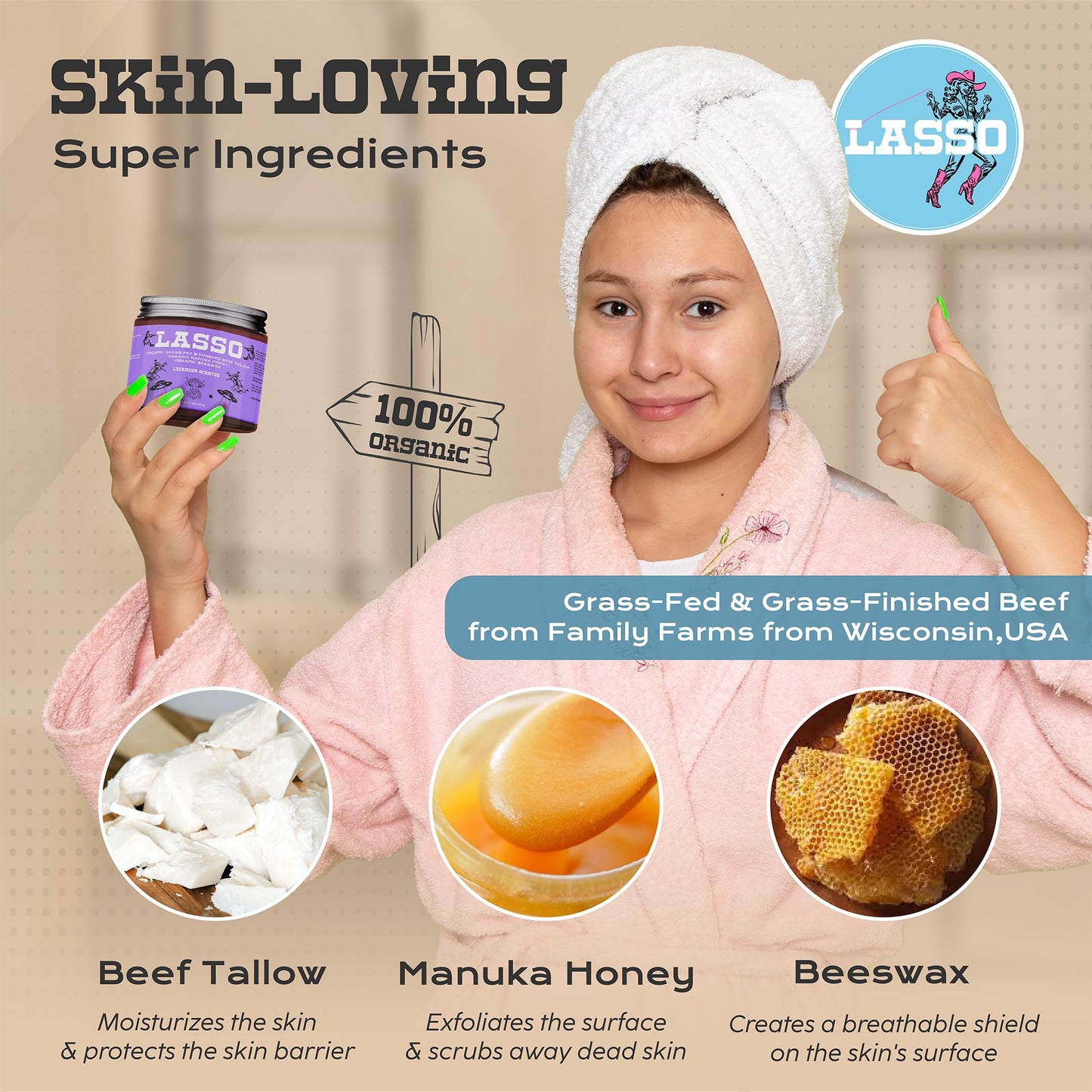 LASSO Beef Tallow Face Moisturizer with Grass-Fed/Finished Beef Tallow for Skin, Organic Manuka Honey and Beeswax, Unscented and Manuka Honey Balm