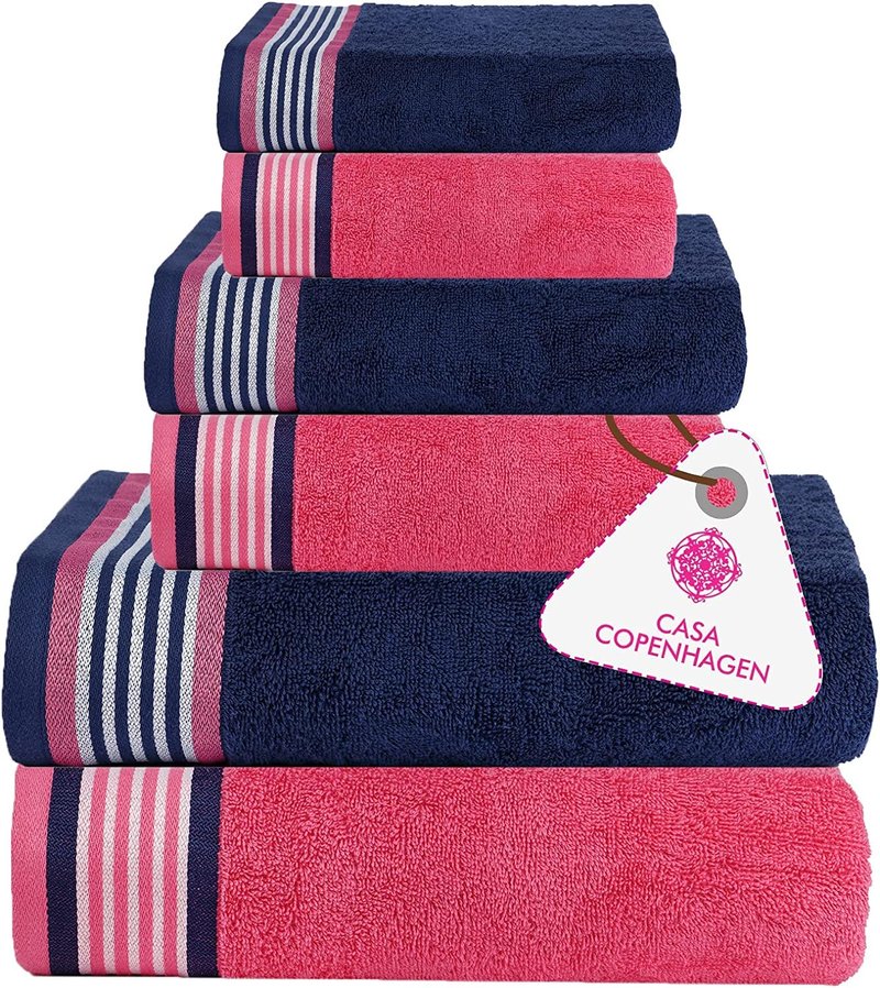 CASA COPENHAGEN He & She 6 Pieces Towel Set- Dutch Blue + Pink, 550 GSM 2 Bath Towel 2 Hand Towel 2 Washcloth, Designed in Denmark Made of Soft Egyptian Cotton for Bathroom, Kitchen & Shower