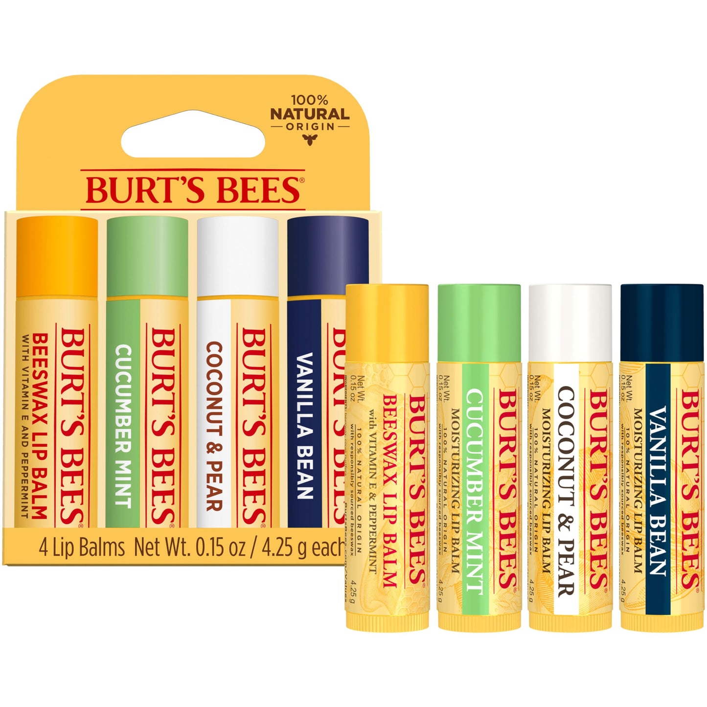 Burt's Bees 100% Natural Moisturizing Lip Balm, Multipack - Original Beeswax, Cucumber Mint, Coconut & Pear and Vanilla Bean with Beeswax & Fruit Extracts - 4 Tubes