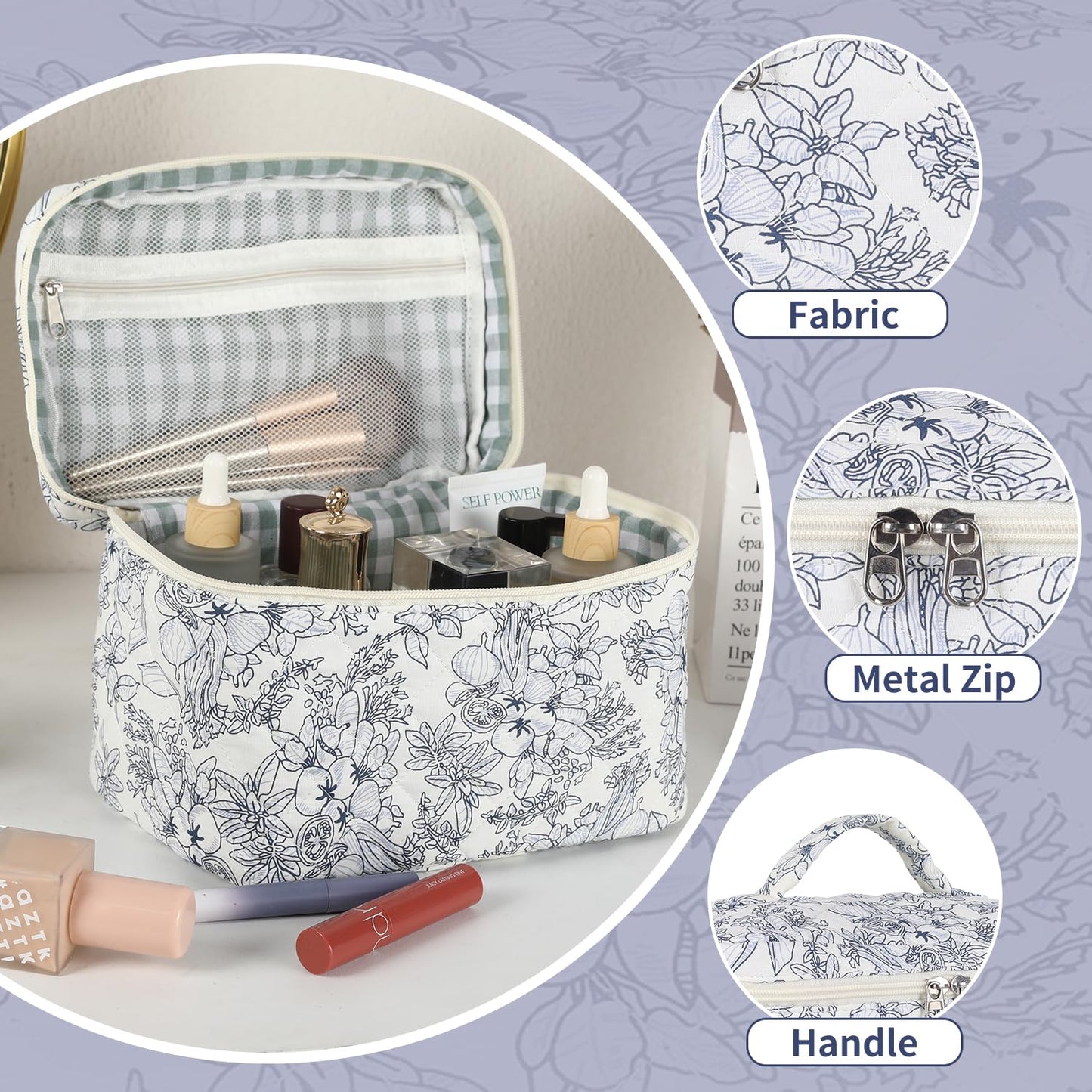 Sarrany 3Pcs Makeup Bag Set,Quilted makeup bag,Floral Cosmetic Bag for Women, Cute Cotton Cosmetic Bag, Wide-open Easy to Take, Flower Toiletry Organizer Bag