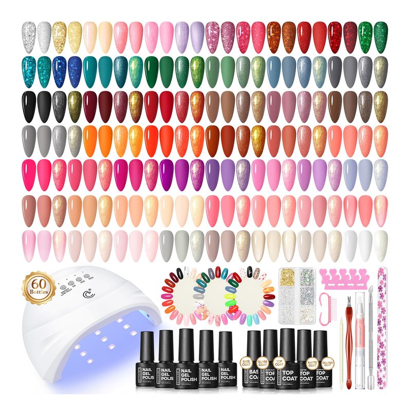 COSCELIA 60PC Gel Nail Polish Kit with U V light 55 Colors Gel Nail Polish Set 5PC Top Base Coat Glitter Rhinestones All Seasons French Manicure Starter Kit at Home for Women Girls